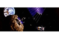 Una simulació d’una estació minera flotant sobre els grumolls de gas i gel d’un asteroide.  Font: NASA /de l’artista Denise Watt.