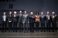 Els guardonats, amb Francesc Subirada i Mateo Valero a l'extrem dret, acompanyats per Artur Mas i Andreu Mas-Colell